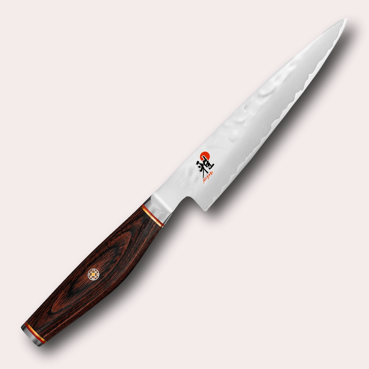 Miyabi 6000MCT 13cm Shotoh utility knife. 3 layer steel blade with hammered finish, and decorative brown pakkawood handle. Supplied by japanese-knives.co.uk