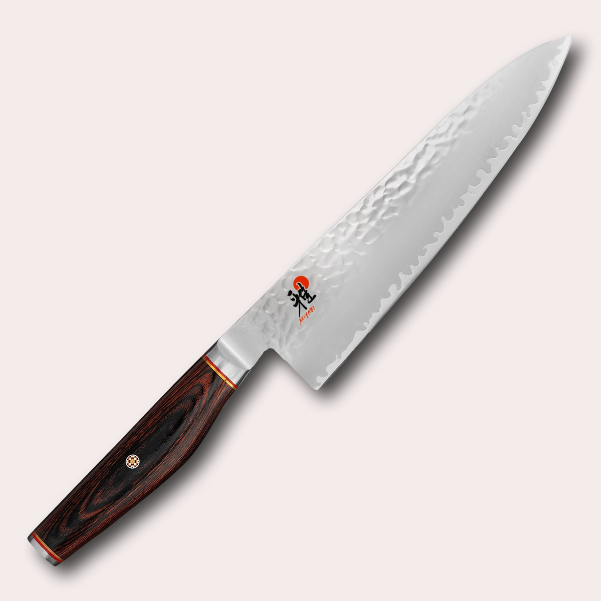 Miyabi 6000MCT 20cm Gyuto chefs knife. 3 layer steel blade with hammered finish, and decorative brown pakkawood handle. Supplied by japanese-knives.co.uk