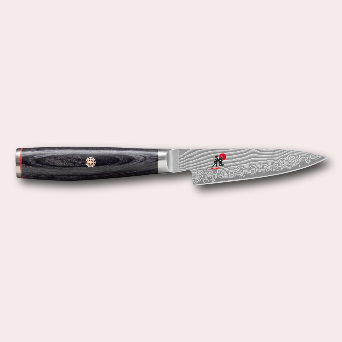 Miyabi 5000FCD Shotoh vegetable knife. Damascus blade and black pakkawood handle with decorative through-pins. japanese-knives.co.uk
