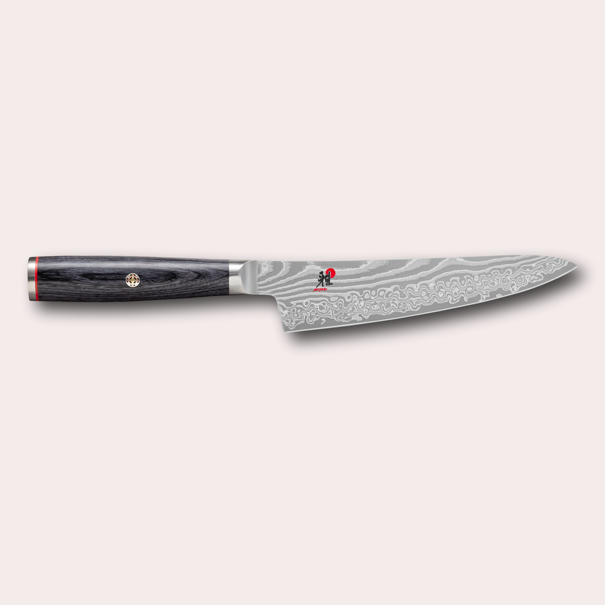 Miyabi 5000FCD Shotoh utility knife. Damascus blade and black pakkawood handle with decorative through-pins. japanese-knives.co.uk