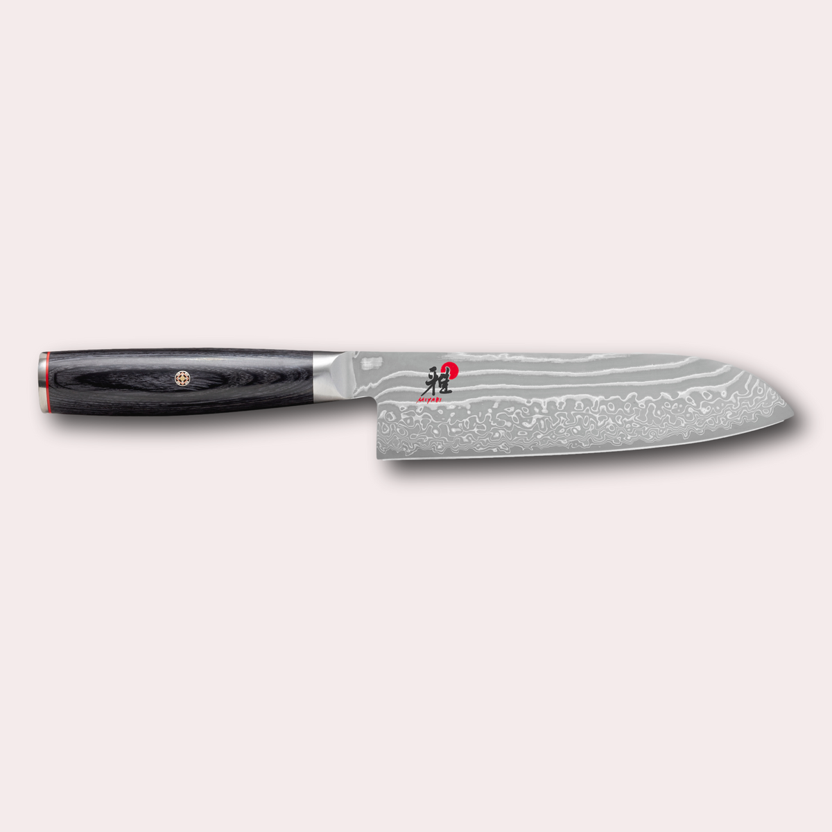 Miyabi 5000FCD Santoku knife. Damascus blade and black pakkawood handle with decorative through-pins. japanese-knives.co.uk