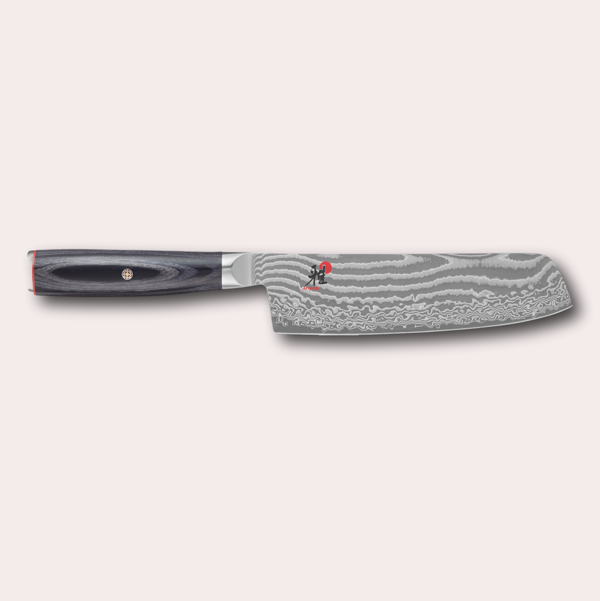 Miyabi 5000FCD Nakiri knife. Damascus blade and black pakkawood handle with decorative through-pins. japanese-knives.co.uk