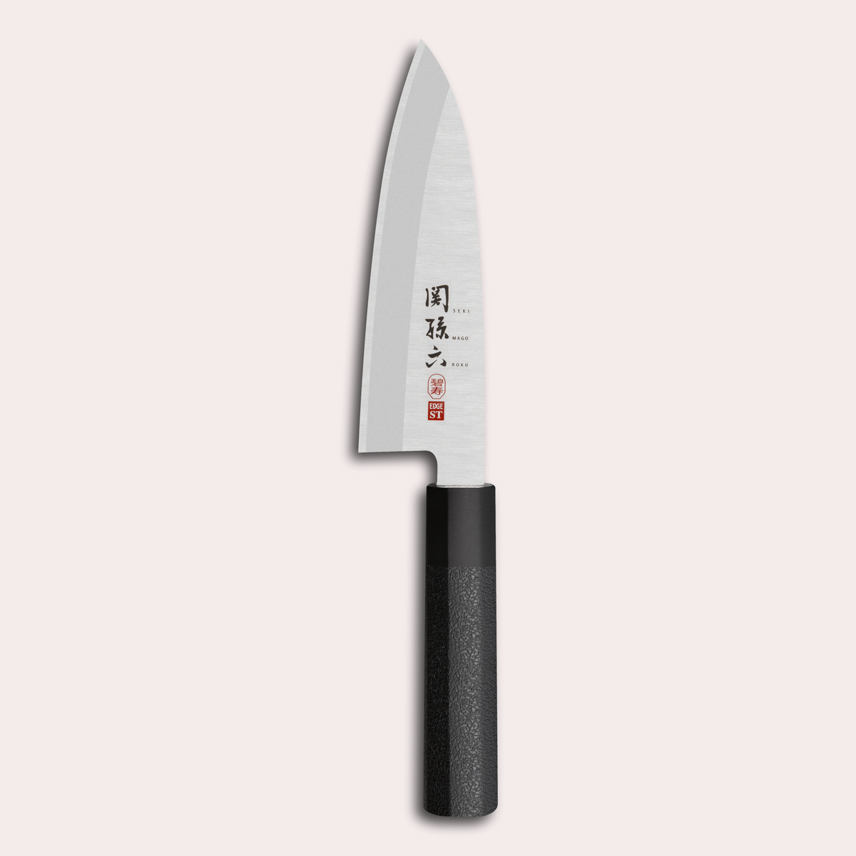 Kai Sekimagoroku Hekiju Deba Knife for left handed people. Minimalist classic of 8A solid steel and black PP plastic handle.