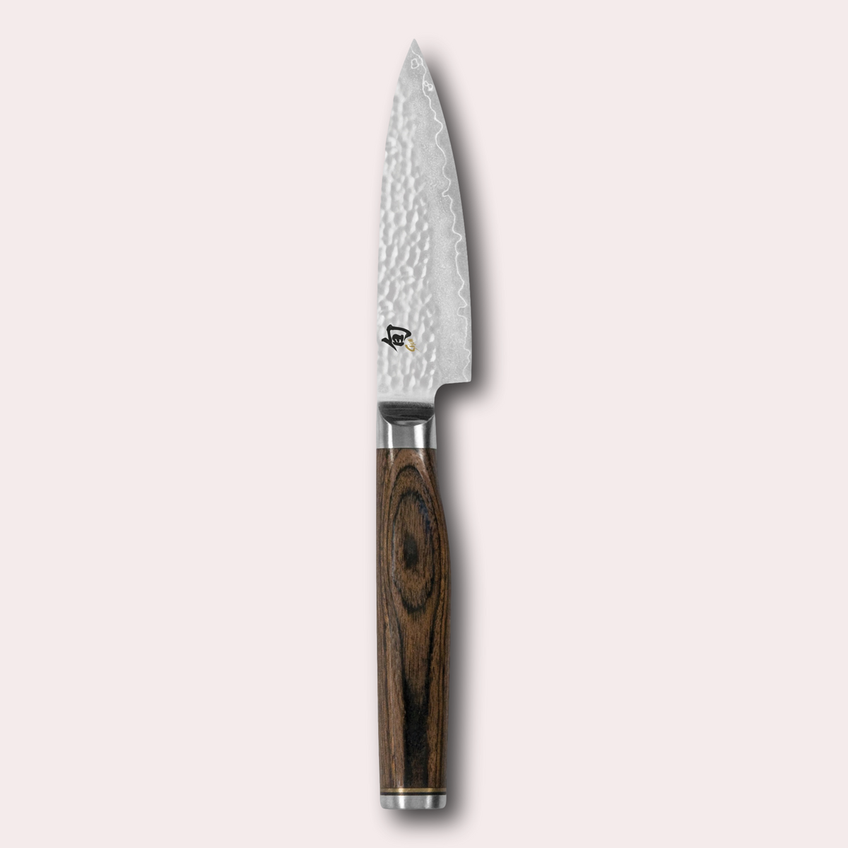 Kai Shun Premier paring knife. VG max blade wrapped in 32 layers of Damascus steel with a hammered finish, and brown pakkawood handle. japanese-knives.co.uk