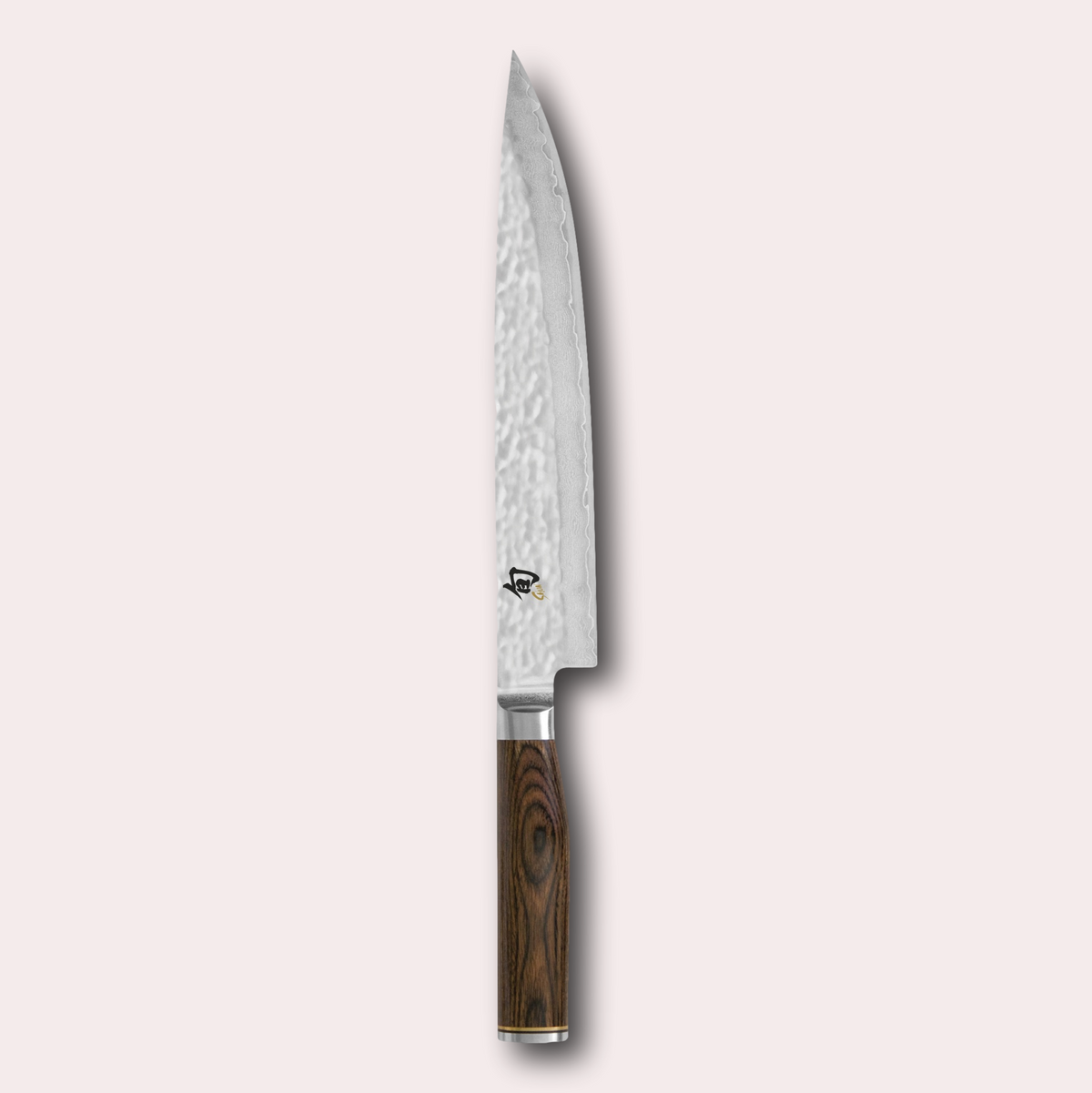 Kai Shun Premier slicing knife. VG max blade wrapped in 32 layers of Damascus steel with a hammered finish, and brown pakkawood handle. japanese-knives.co.uk