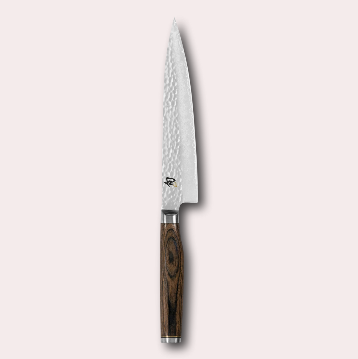 Kai Shun Premier serrated utility knife. VG max blade wrapped in 32 layers of Damascus steel with a hammered finish, and brown pakkawood handle. japanese-knives.co.uk
