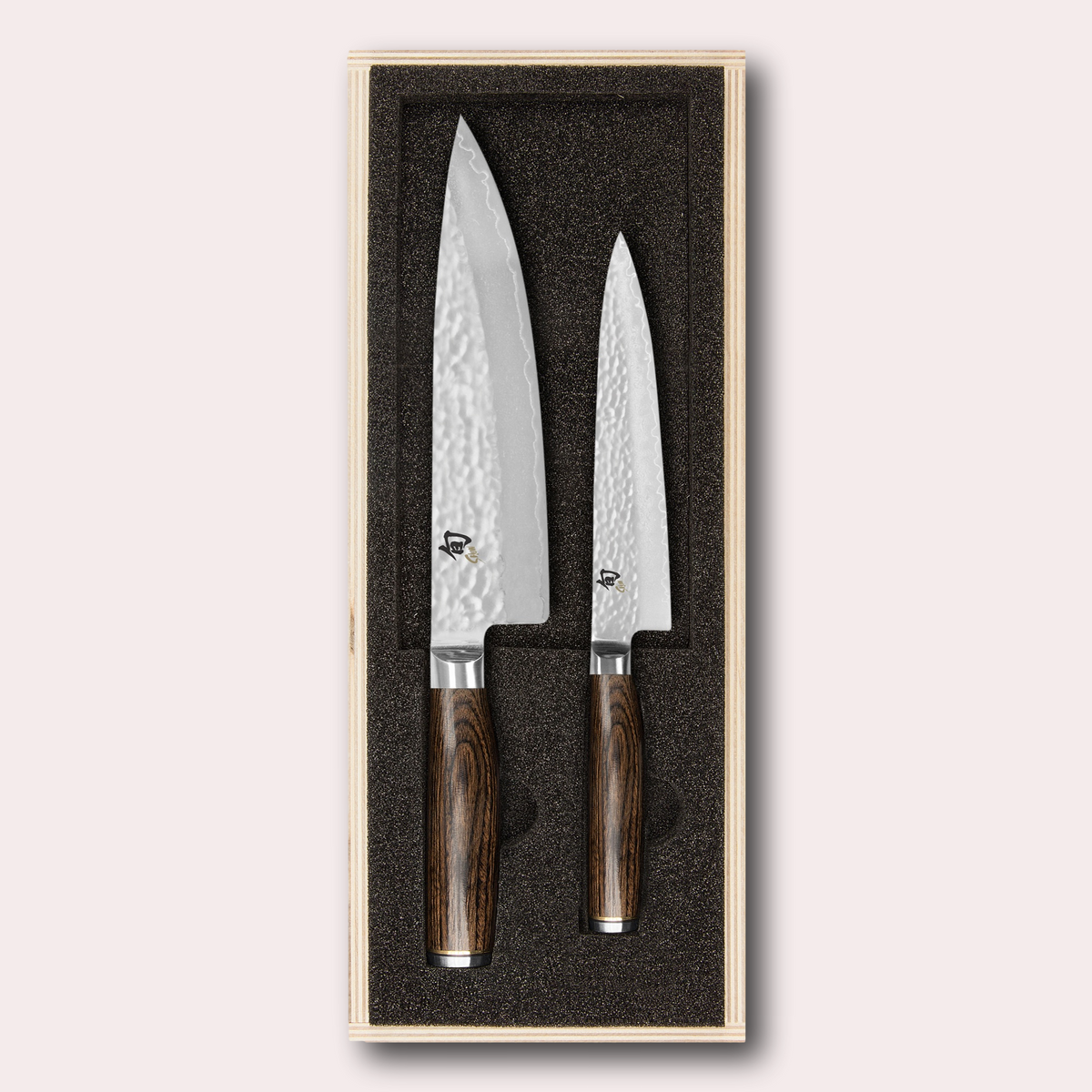 Kai Shun Premier 2 piece gift set. Chef and utility knife. VG max blade wrapped in 32 layers of Damascus steel with a hammered finish, and brown pakkawood handle. Presentation wooden box. japanese-knives.co.uk