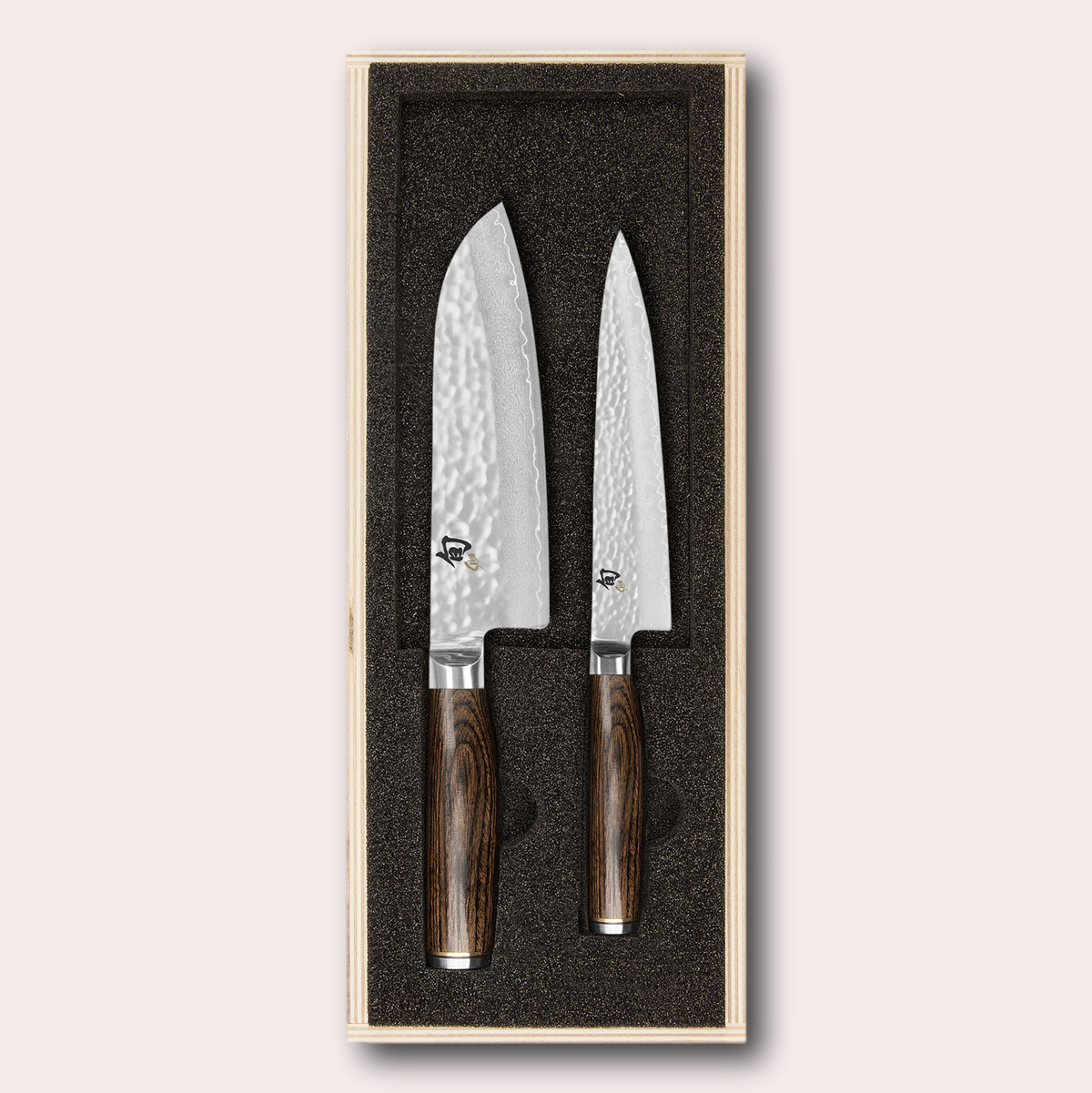 Kai Shun Premier 2 piece gift set. Santoku and utility knife. VG max blade wrapped in 32 layers of Damascus steel with a hammered finish, and brown pakkawood handle. Presentation wooden box. japanese-knives.co.uk