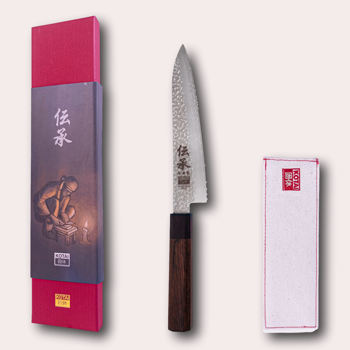 Kotai Densho Gyuto chef knife with protective sleeve and plastic-free presentation box, supplied by japaneseknives.co.uk