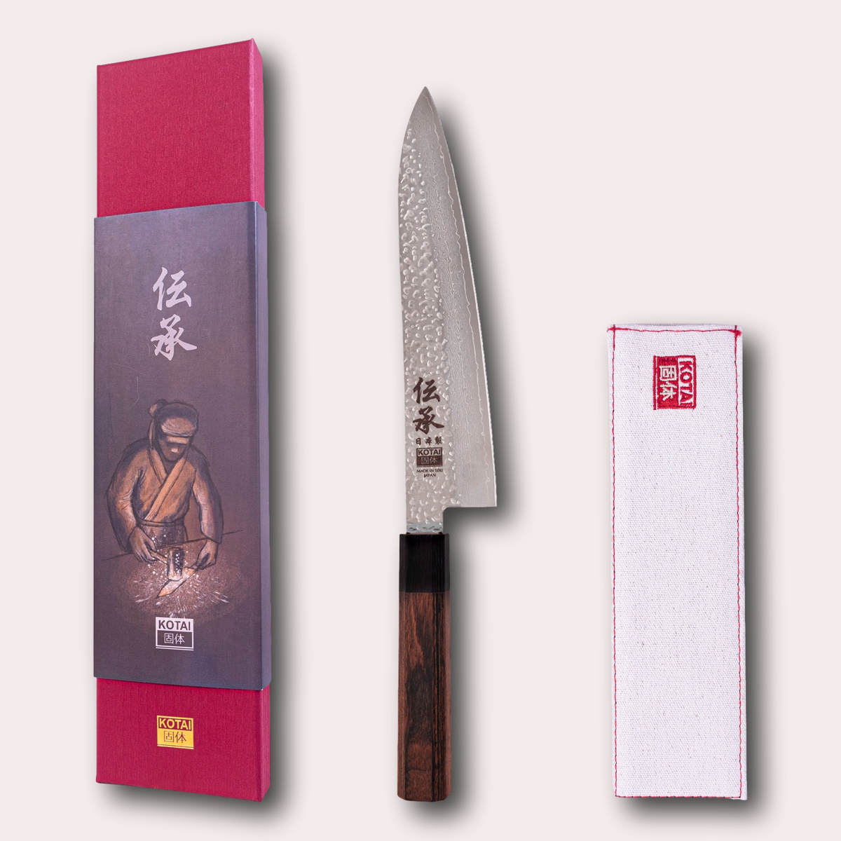 Kotai Densho Gyuto chef knife with protective sleeve and plastic-free presentation box, supplied by japaneseknives.co.uk