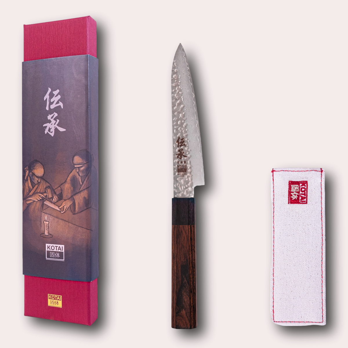 Kotai Densho Gyuto chef knife with protective sleeve and plastic-free presentation box, supplied by japaneseknives.co.uk