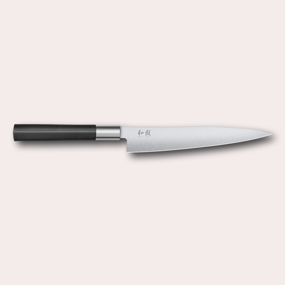 Kai Wasabi Black flexible fillet knife. Corrosion-resistant 6A/1K6 steel, matte black oval shaped plastic handle.