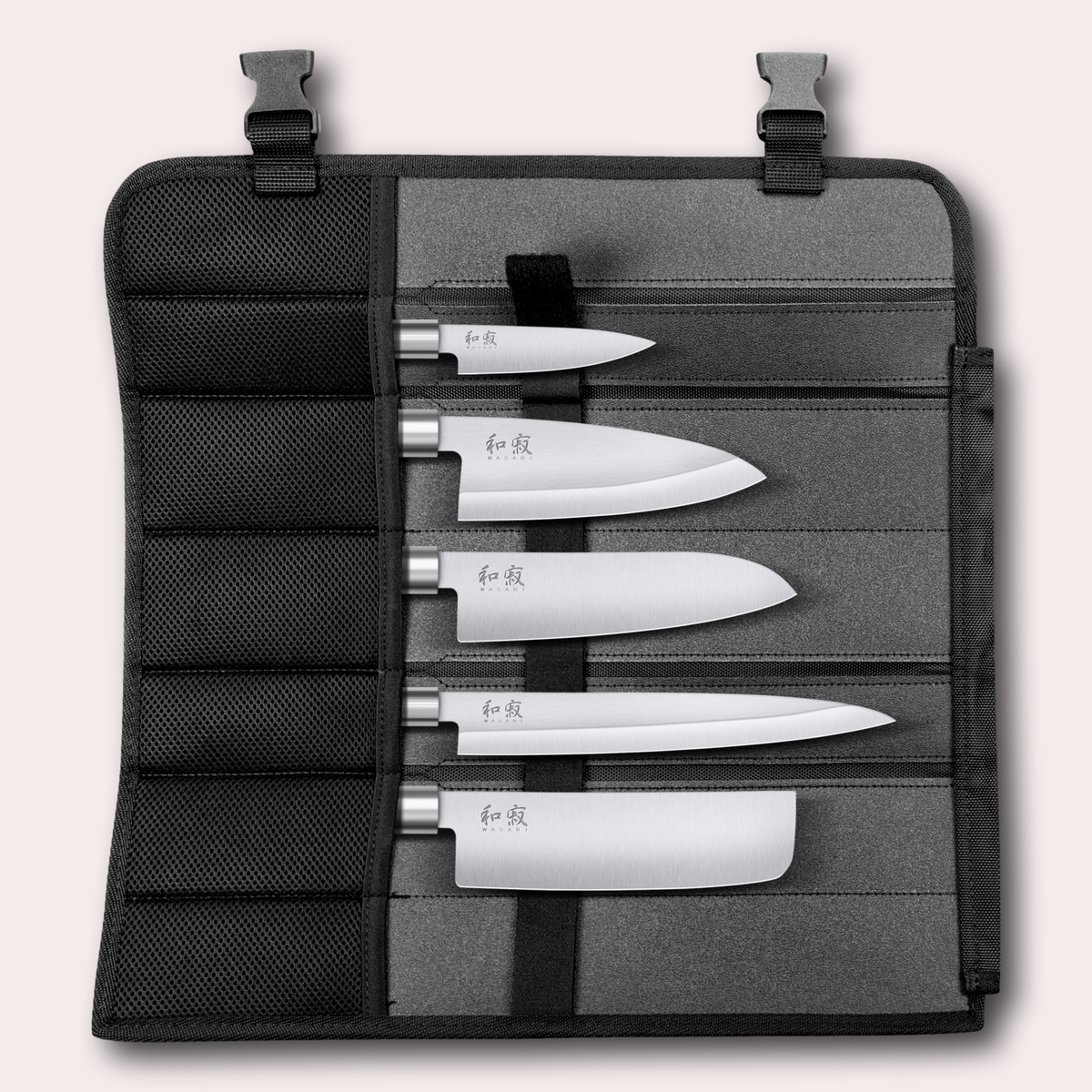 Kai Wasabi Black 5 piece bag set, nakiri, yanagiba, santoku, deba and paring knives complete with a premium knife bag.