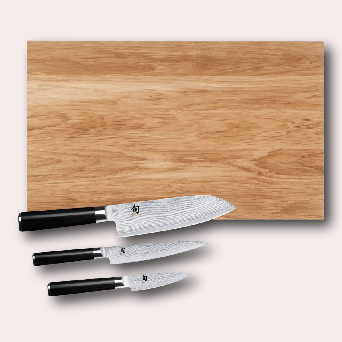Kai shun Oak cutting board with 3 shun classic knives, santoku, utility and paring