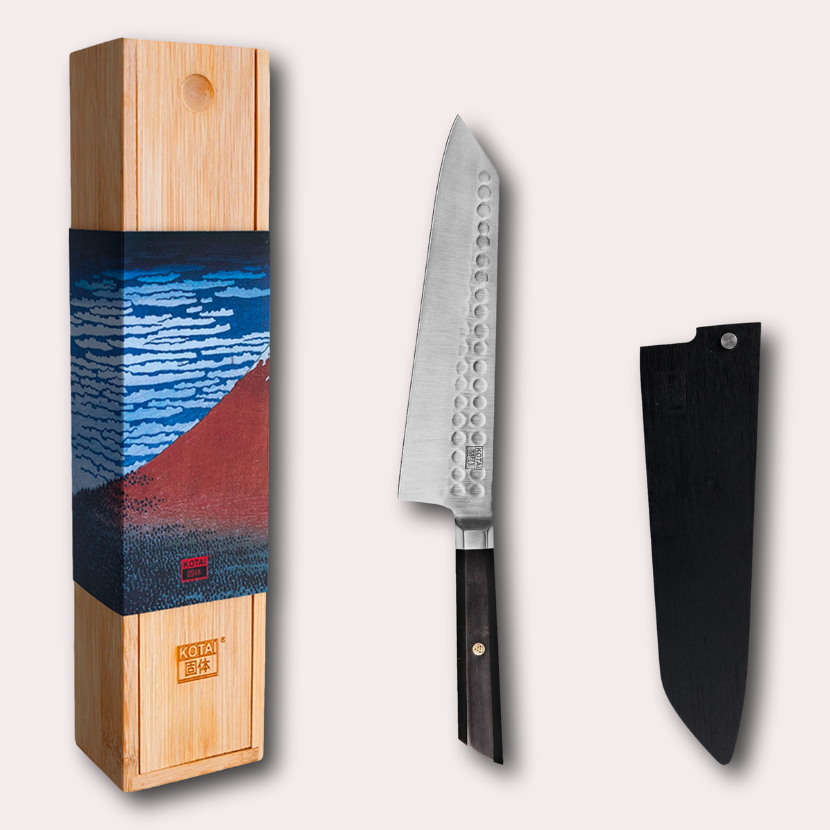 Kotai Bunka 440c Kiritsuke knife, complete with bamboo saya and gift box.