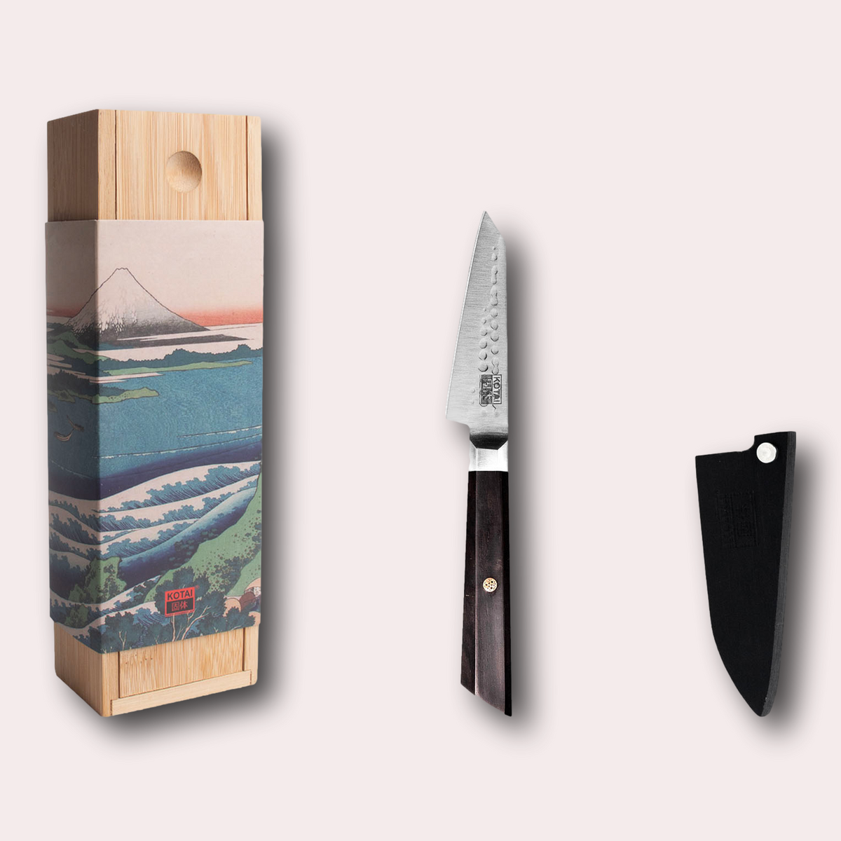 Kotai Bunka 440c Paring knife, complete with bamboo saya and gift box.