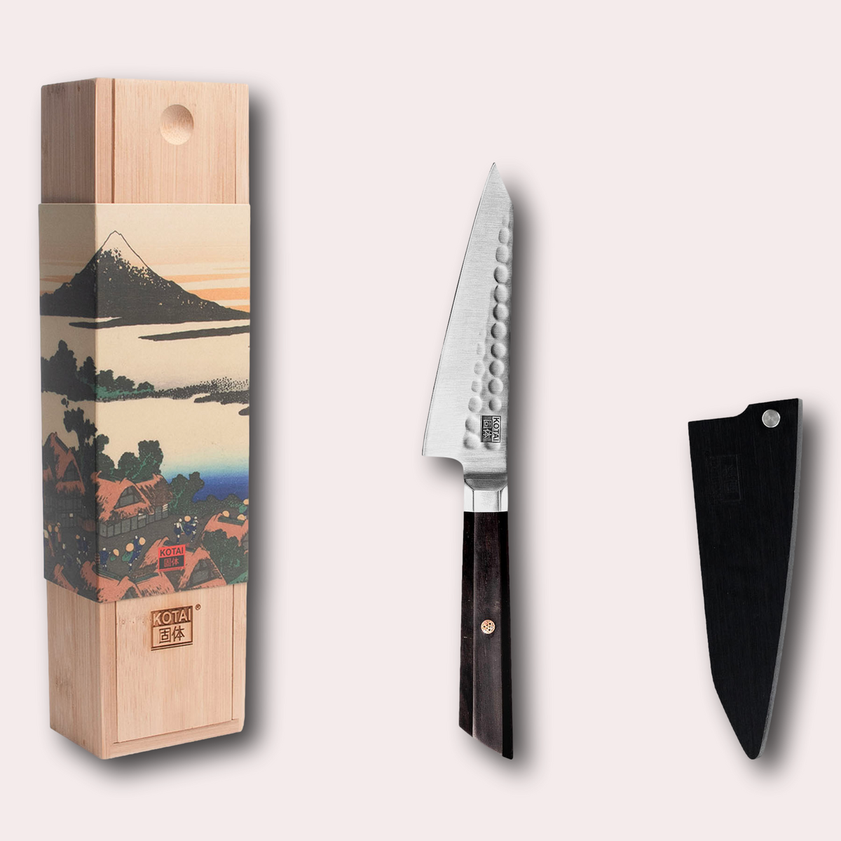 Kotai Bunka 440c Petty knife, complete with bamboo saya and gift box.