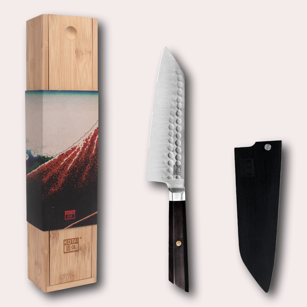 Kotai Bunka 440c Santoku knife, complete with bamboo saya and gift box.