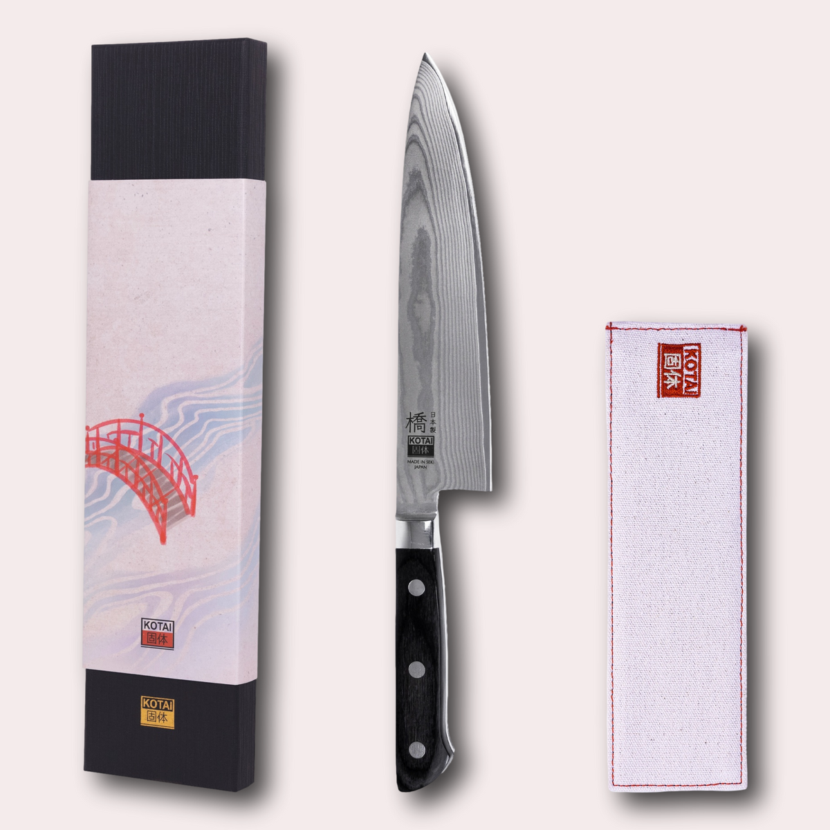 Kotai Hashi Damascus gyuto knife with damascus blade and black pakkawood handle