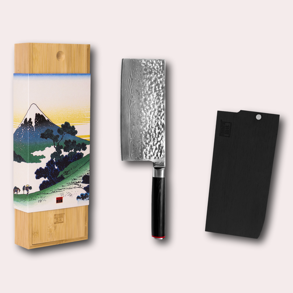 Kotai Pakka Damascus Cleaver knife. Hammered Damascus blade, pakkawood handle and bamboo sheath included.