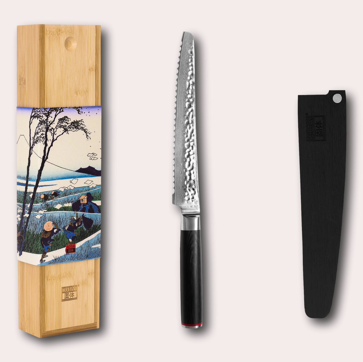 Kotai Pakka Damascus Bread knife. Hammered Damascus blade, pakkawood handle and bamboo sheath included.