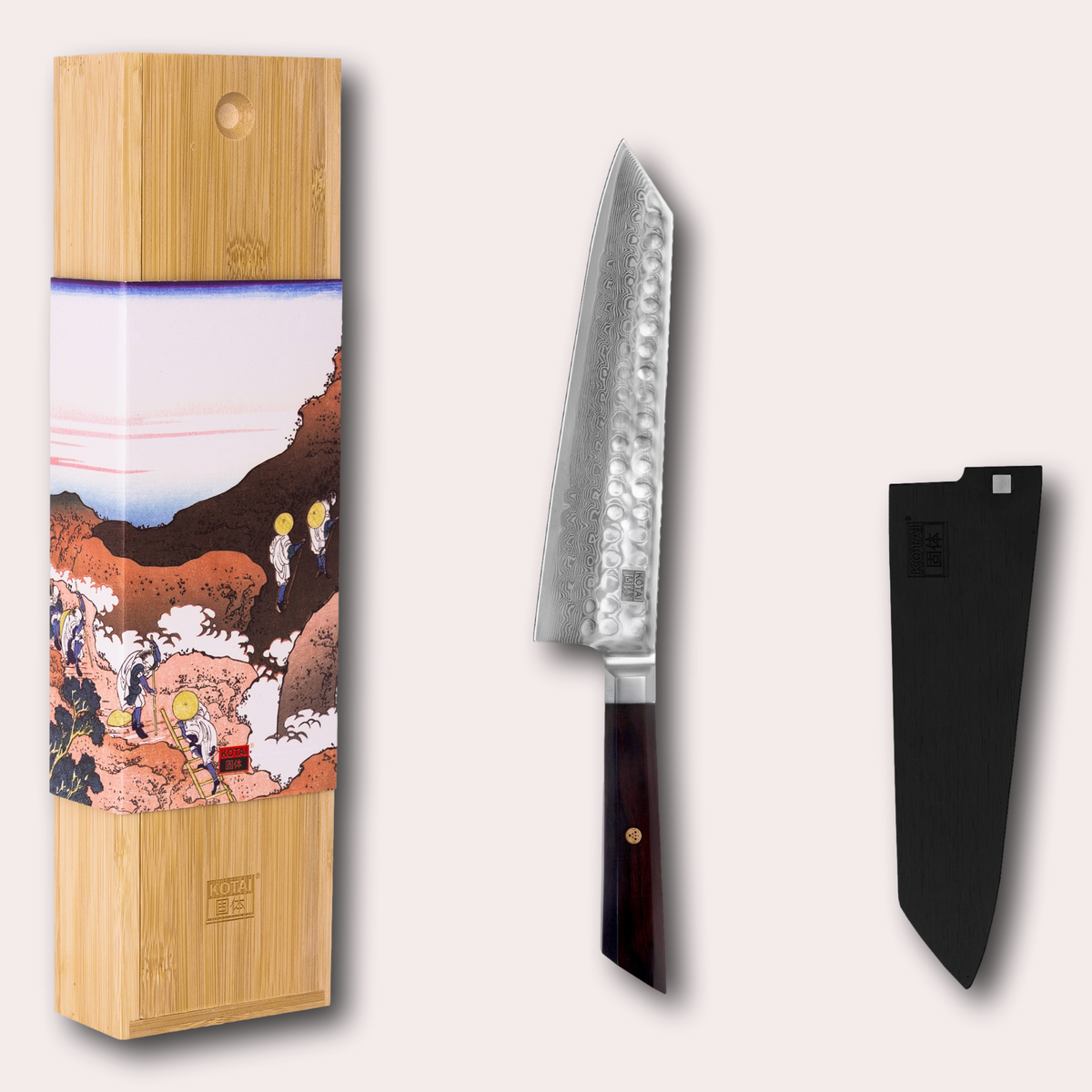 Kotai Bunka Damascus Kiritsuke Knife. 67 layers blade and ebony hardwood handle.