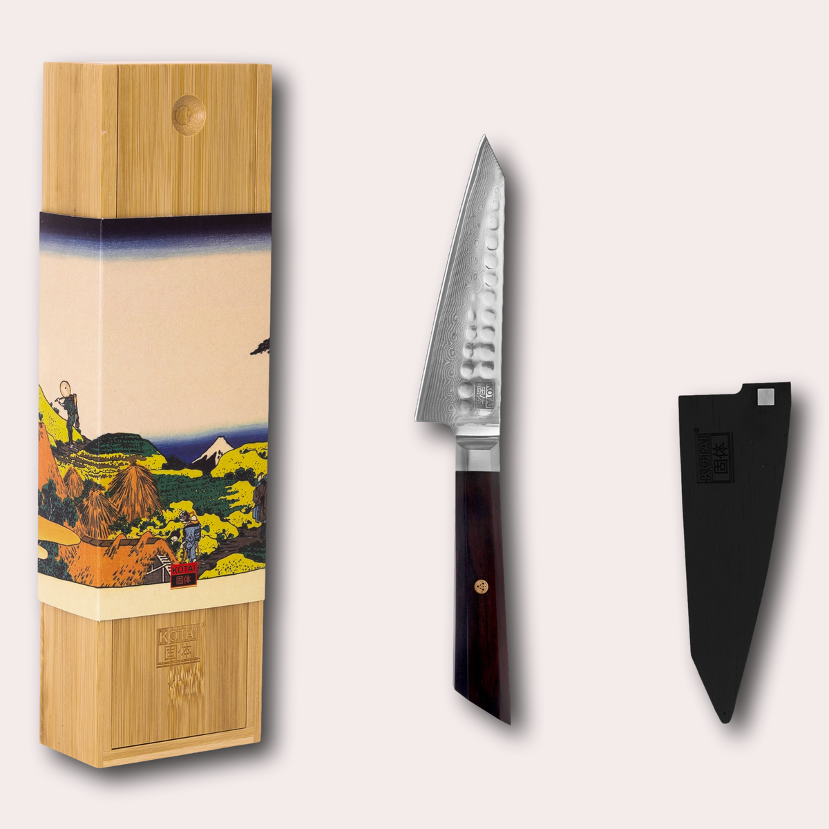 Kotai Bunka Damascus Petty Knife. 67 layers blade and ebony hardwood handle.
