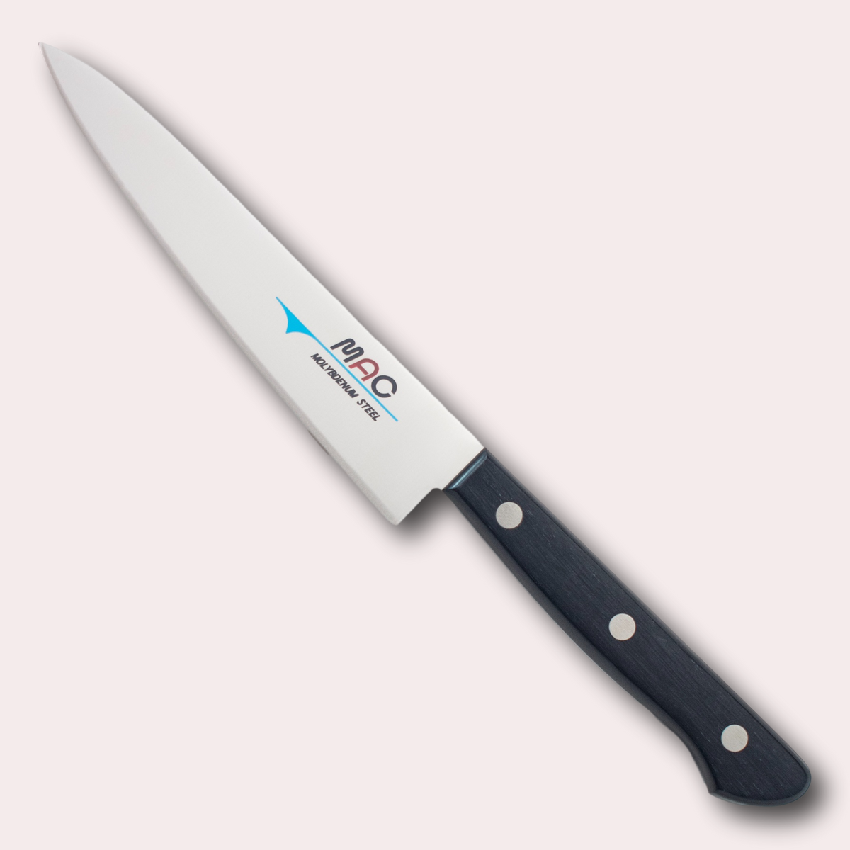 MAC Chef 13cm Paring knife. High carbon Chrome Molybdenum Vanadium steel blade with a riveted black Pakkawood handle.