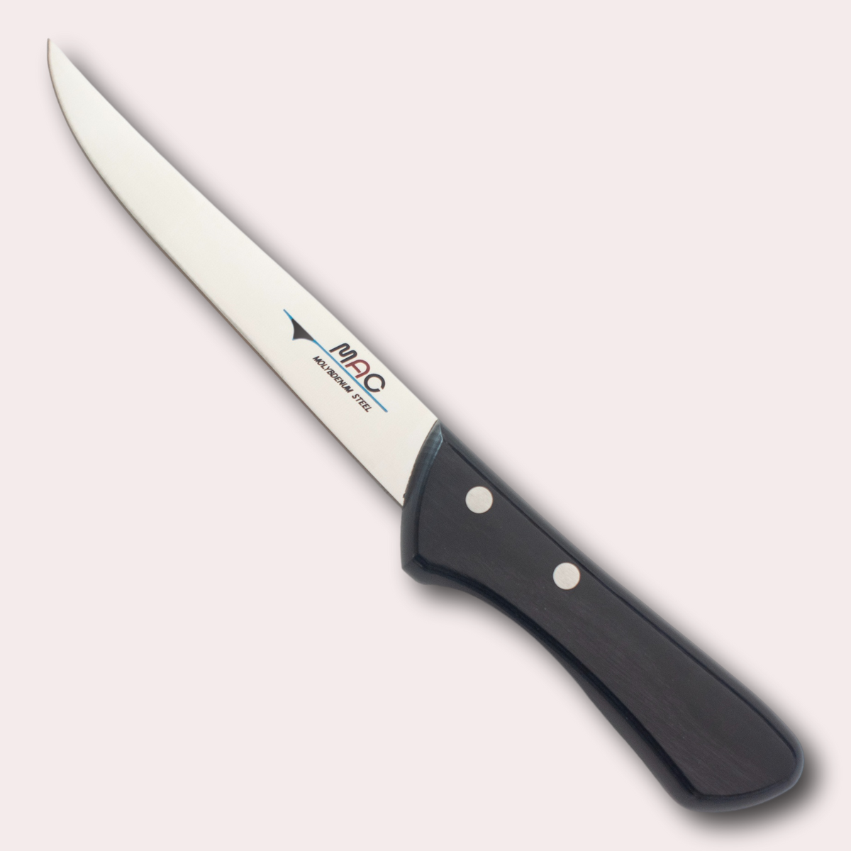 MAC Chef Filleting knife. High carbon Chrome Molybdenum Vanadium steel blade with a riveted black Pakkawood handle.