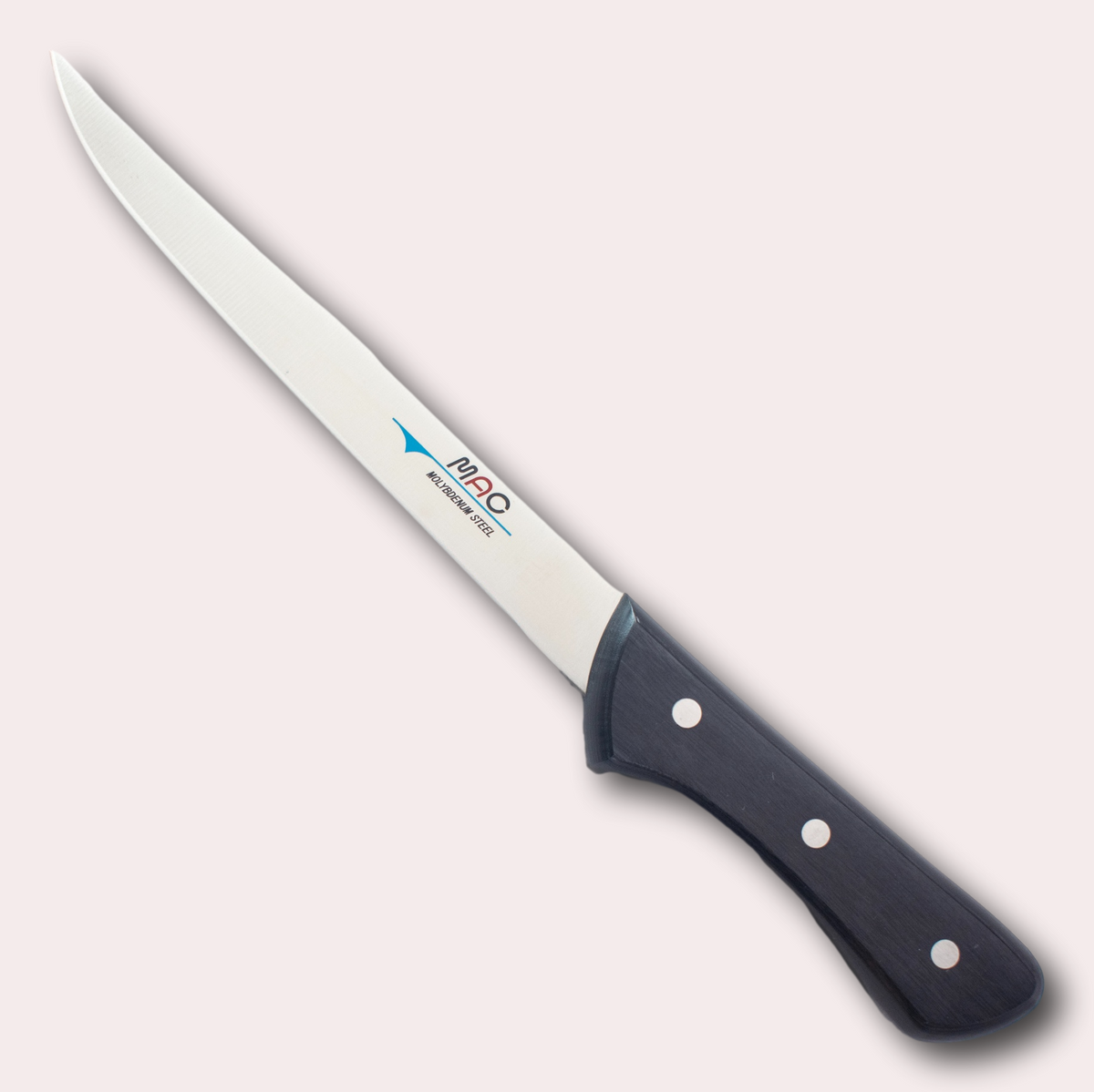 MAC Chef Filleting knife. High carbon Chrome Molybdenum Vanadium steel blade with a riveted black Pakkawood handle.
