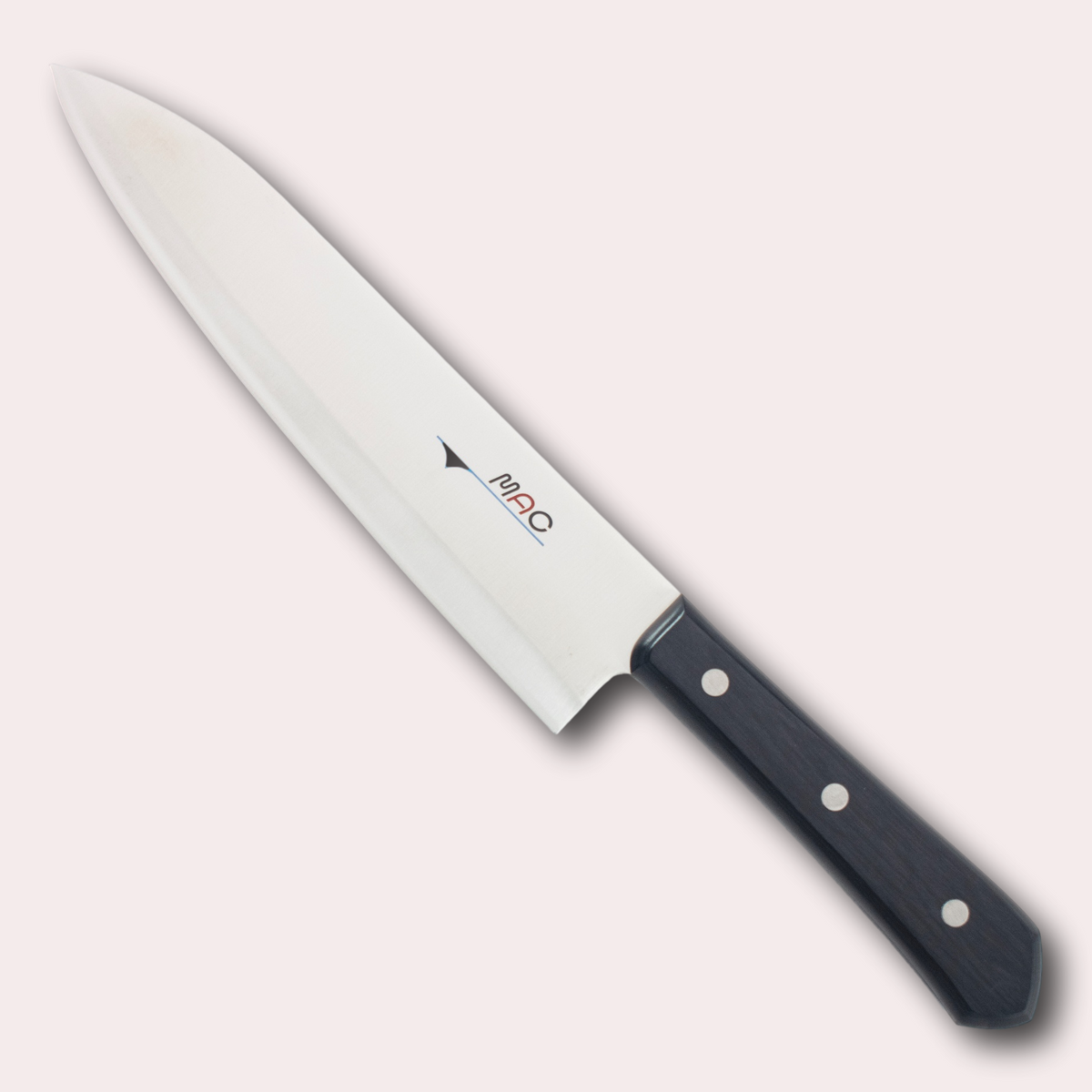 MAC Chef 21cm Gyuto knife. High carbon Chrome Molybdenum Vanadium steel blade with a riveted black Pakkawood handle.