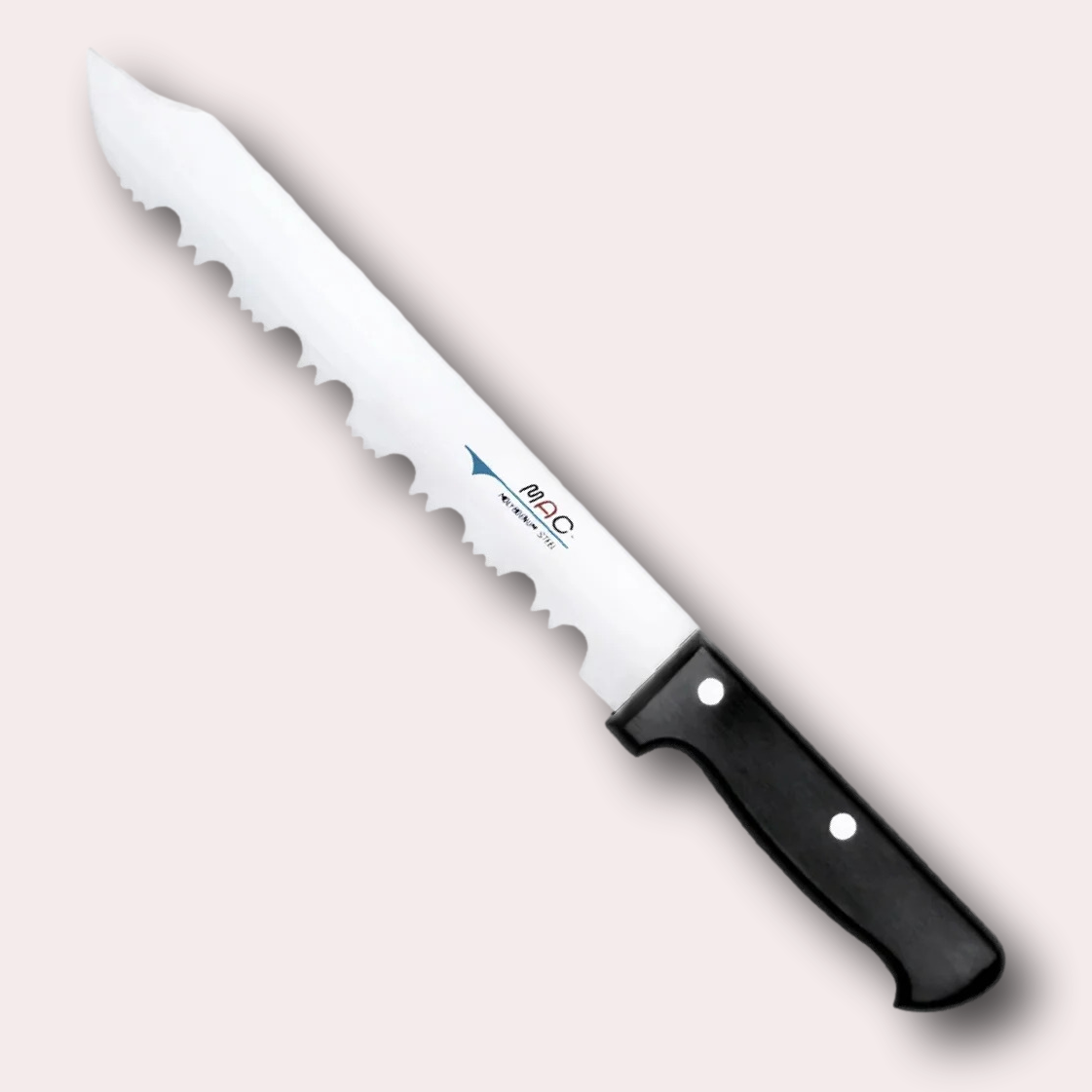 MAC Chef Frozen Food Knife. High carbon Chrome Molybdenum Vanadium steel blade with a riveted black Pakkawood handle.