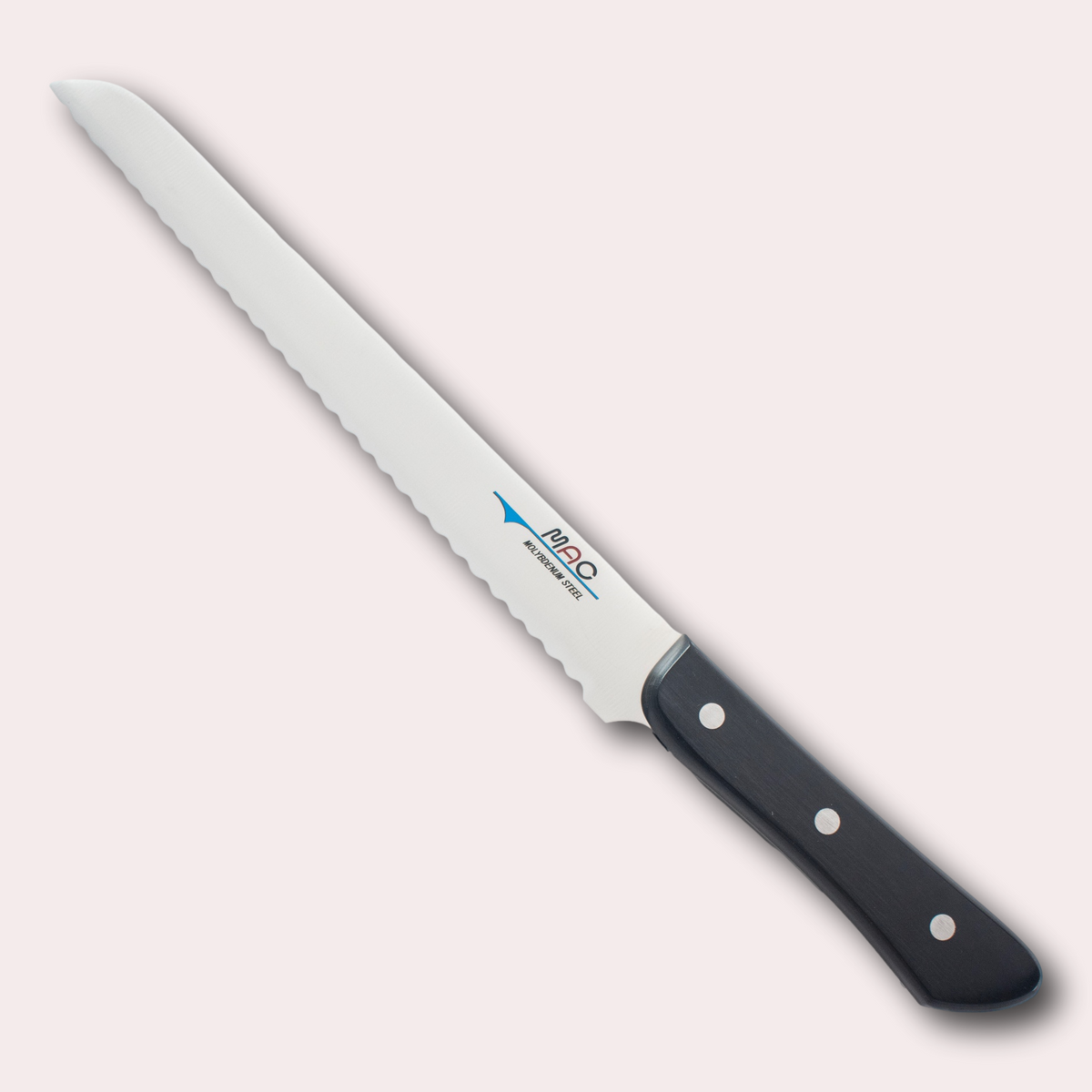 MAC Chef Bread knife. High carbon Chrome Molybdenum Vanadium steel blade with a riveted black Pakkawood handle.