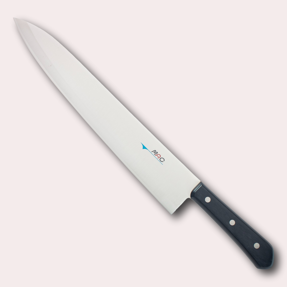 MAC Chef 31cm Gyuto knife. High carbon Chrome Molybdenum Vanadium steel blade with a riveted black Pakkawood handle.