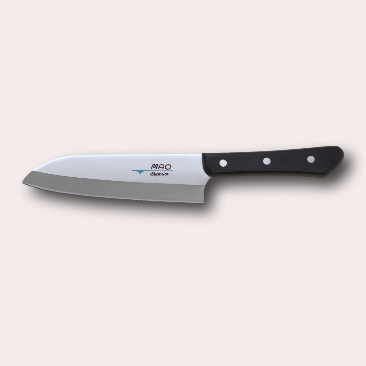 MAC Superior Santoku knife. Extra-hard high-carbon Molybdenum Vanadium alloy blade metal, and riveted black Pakkawood handle.