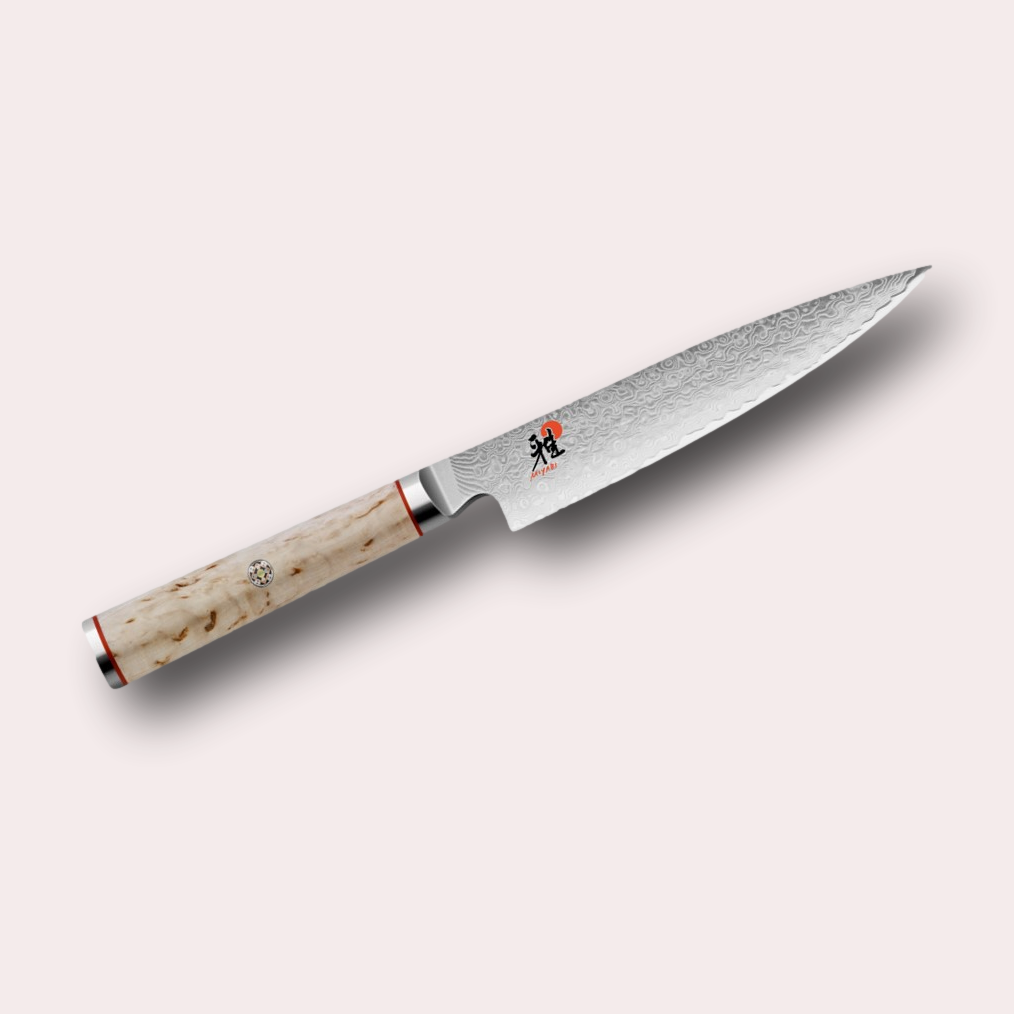Miyabi 5000MCD Shotoh Utility
Knife. Premium, ultra high-quality 101 layer Damascus blade, with Masur Birch Handle, and decorative through-pins. japanese-knives.co.uk