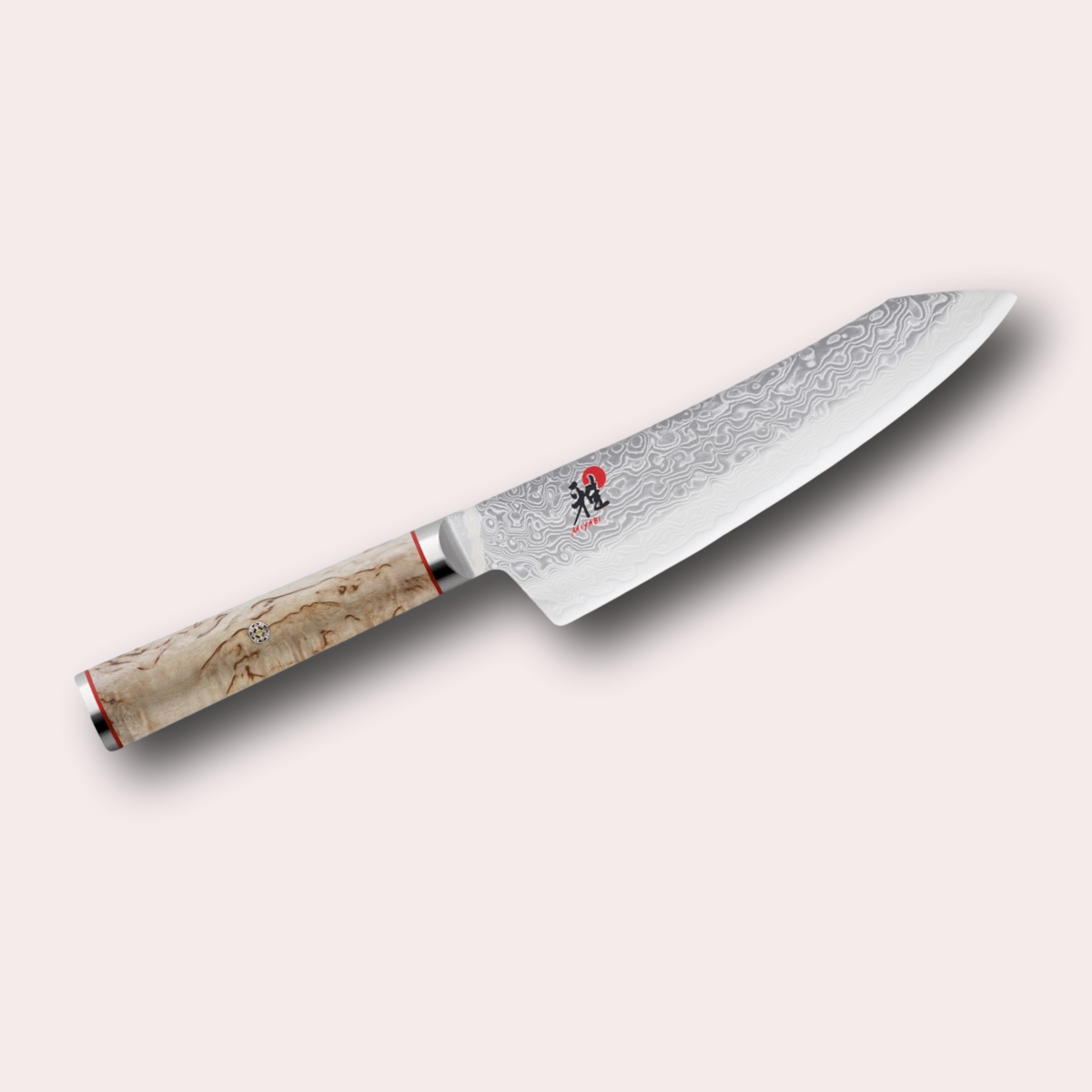 Miyabi 5000MCD Rocking Santoku Knife. Premium, ultra high-quality 101 layer Damascus blade, with Masur Birch Handle, and decorative through-pins. japanese-knives.co.uk