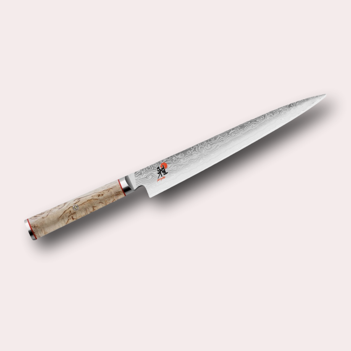 Miyabi 5000MCD Sujihiki slicing Knife. Premium, ultra high-quality 101 layer Damascus blade, with Masur Birch Handle, and decorative through-pins. japanese-knives.co.uk