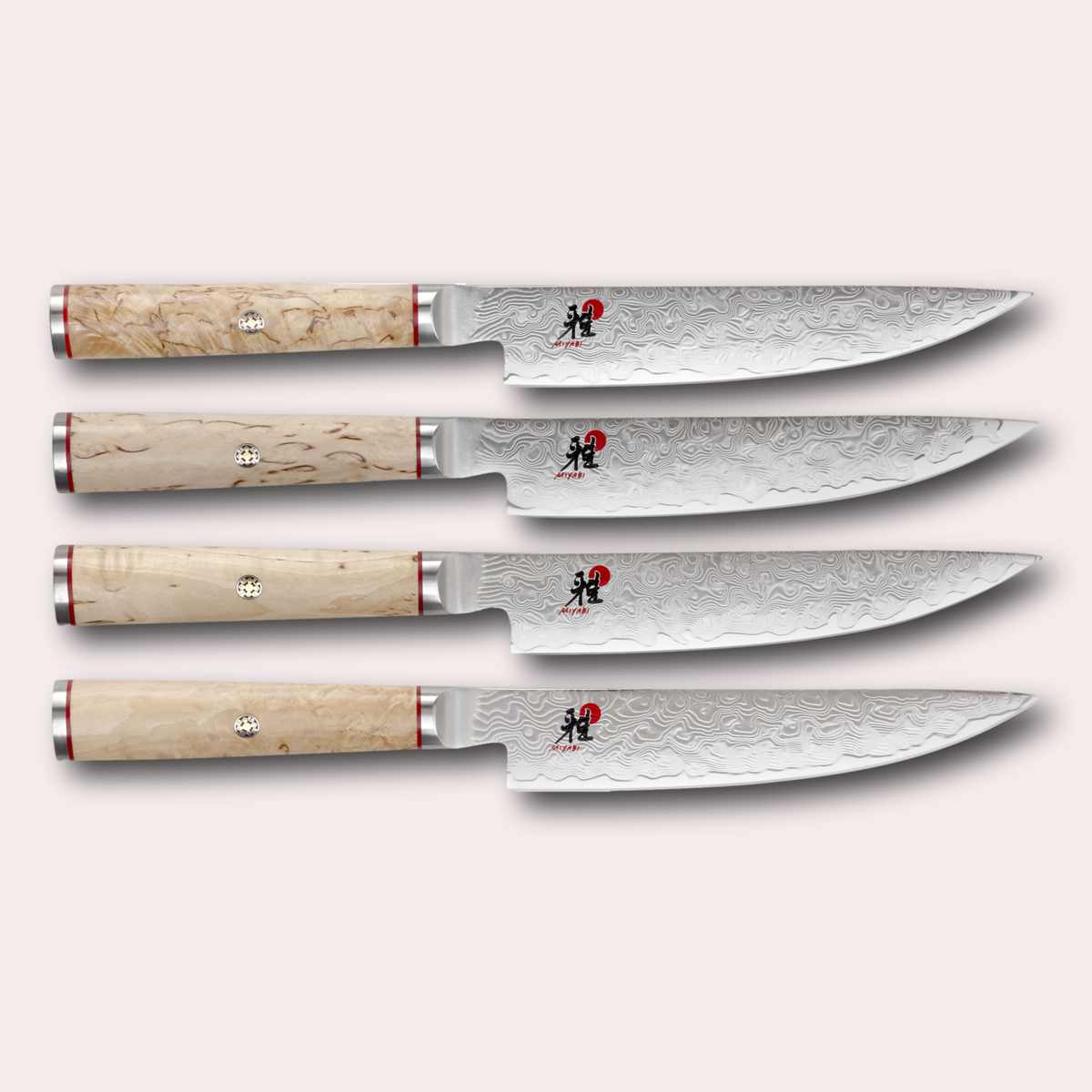 Miyabi 5000MCD steak knives. 4 piece set in a wooden presentation box, sold by japanese-knives.co.uk