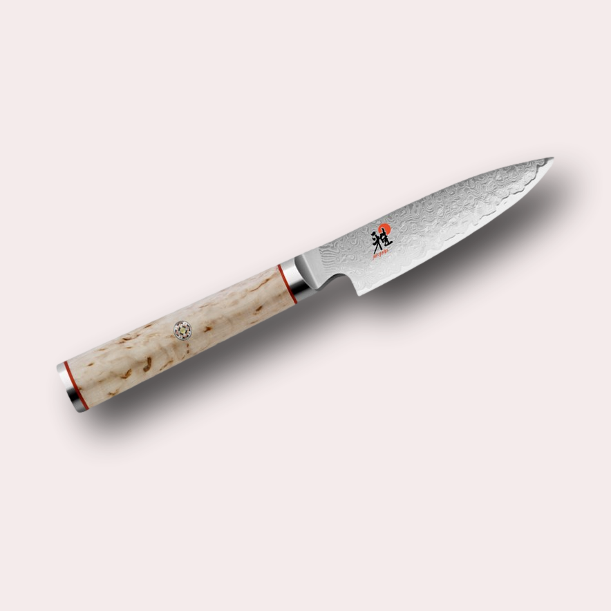 Miyabi 5000MCD Shotoh Knife. Premium, ultra high-quality 101 layer Damascus blade, with Masur Birch Handle, and decorative through-pins. japanese-knives.co.uk