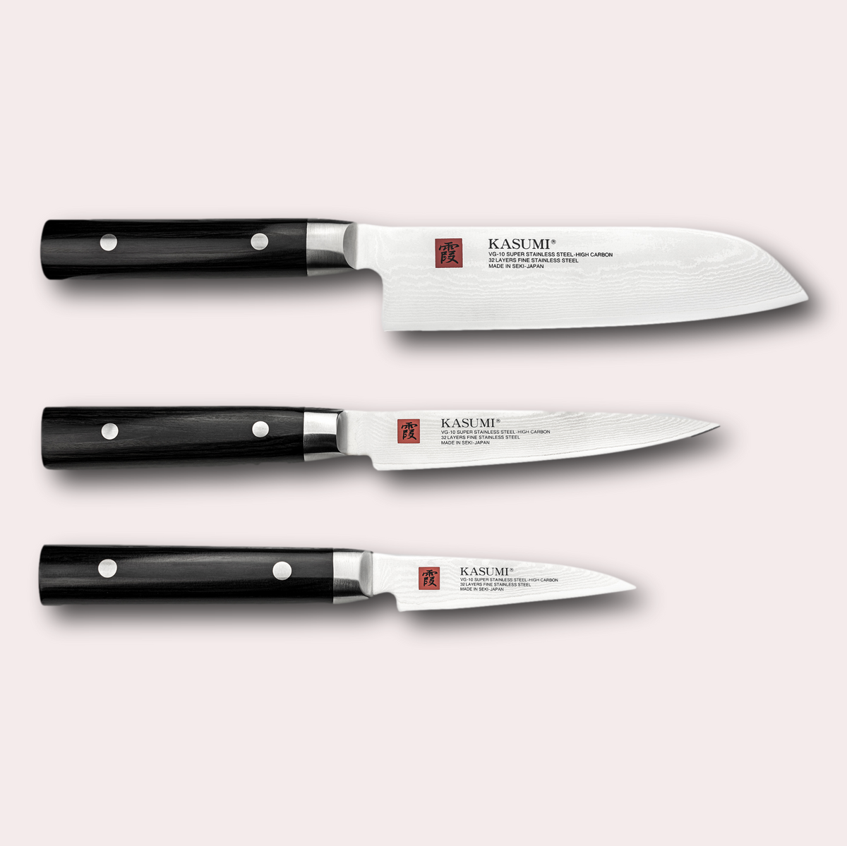 Kasumi 3 piece set, santoku, utility and paring knives sold by japanese-knives.co.uk