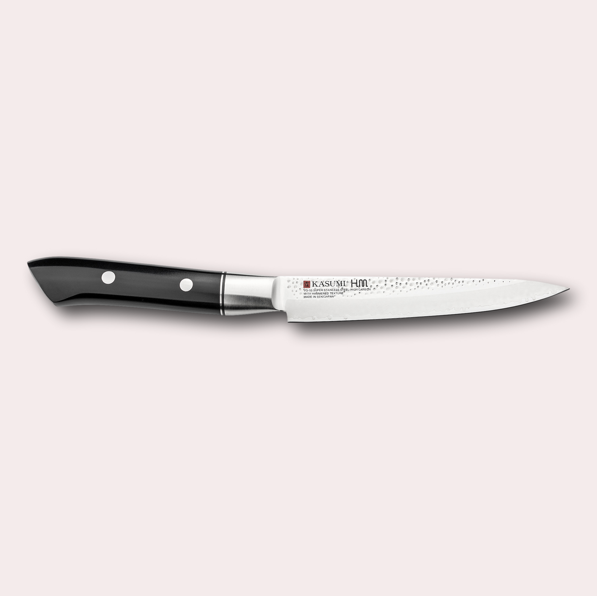 Kasumi HM Hammered range. Utility knife with 3 ply blade, hammered finish. Sculpted POM handle.