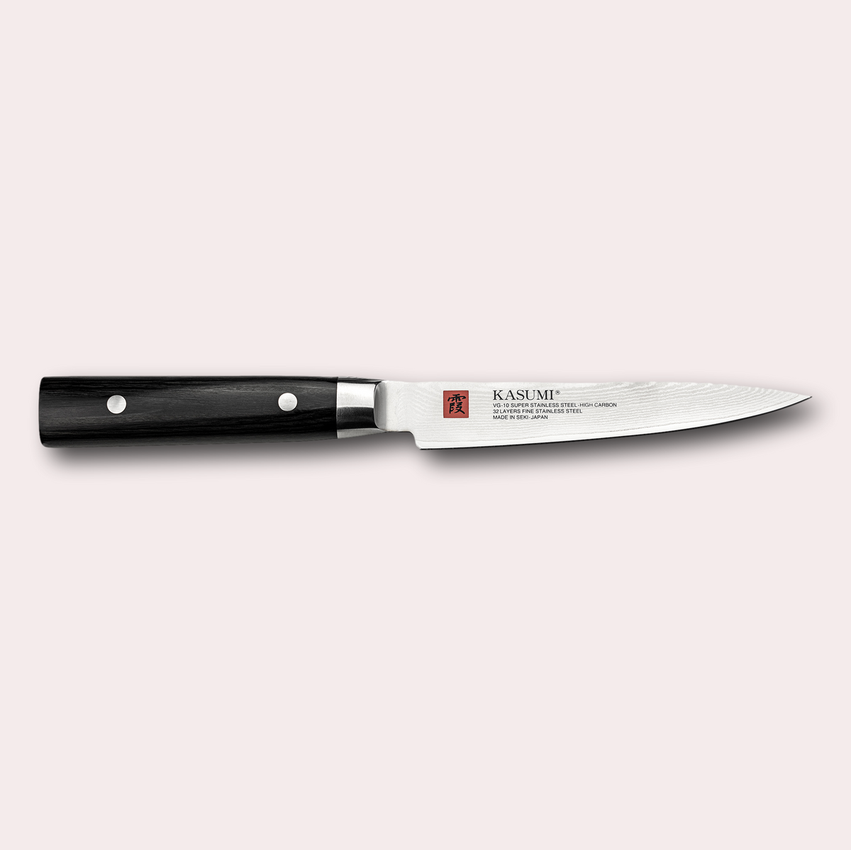 Kasumi Damascus utility knife. 32 layers damascus blade with a vg-10 core, and a black pakkawood handle. Sold by japanese-knives.co.uk