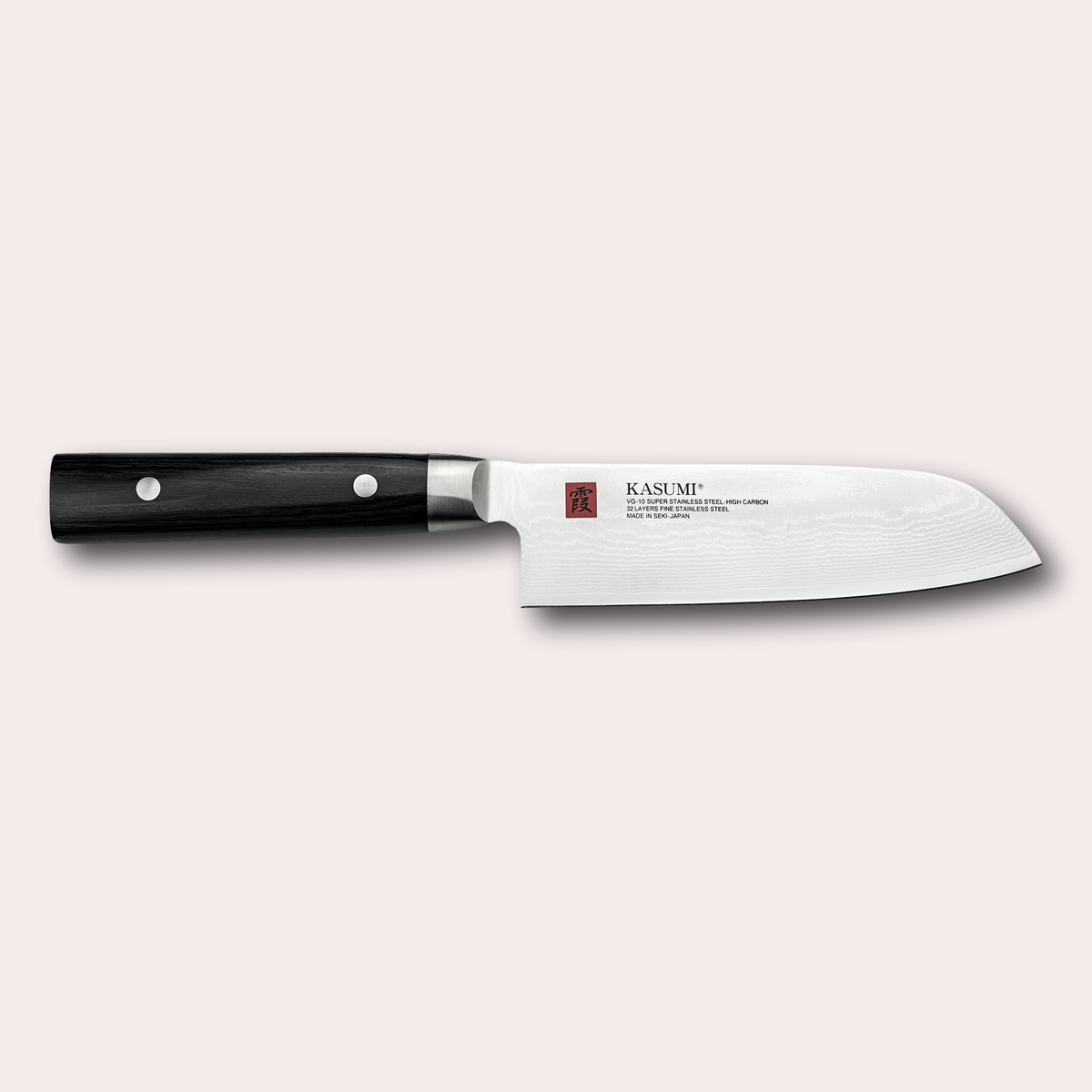 Kasumi Damascus Santoku knife. 32 layers damascus blade with a vg-10 core, and a black pakkawood handle. Sold by japanese-knives.co.uk
