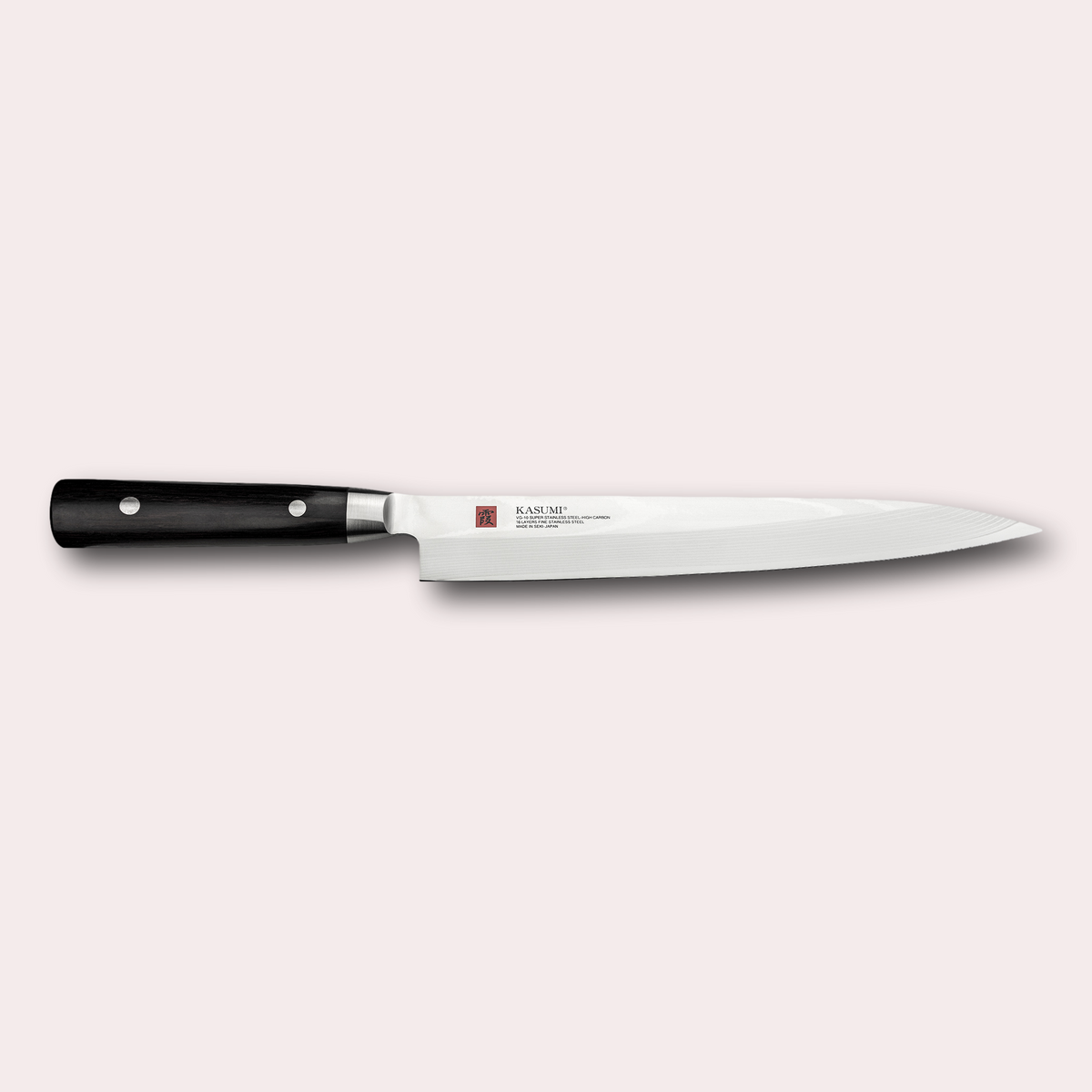 Kasumi Damascus Sashimi knife. 32 layers damascus blade with a vg-10 core, and a black pakkawood handle. Sold by japanese-knives.co.uk