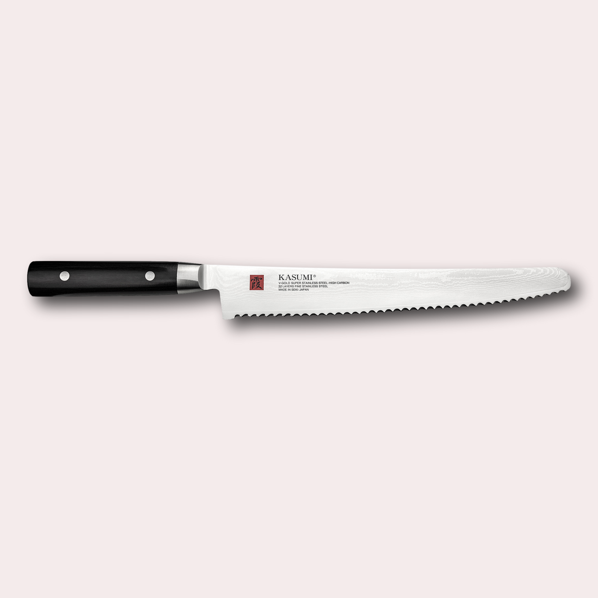 Kasumi Damascus Bread knife. 32 layers damascus blade with a vg-10 core, and a black pakkawood handle. Sold by japanese-knives.co.uk