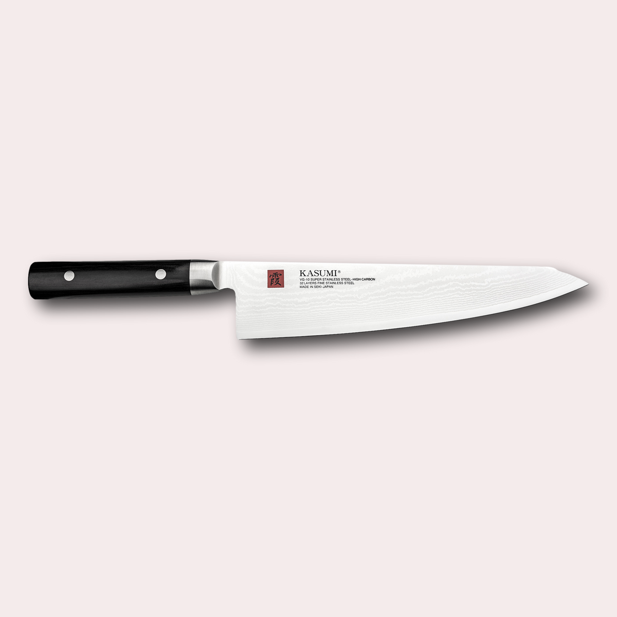 Kasumi Damascus Chef knife. 32 layers damascus blade with a vg-10 core, and a black pakkawood handle. Sold by japanese-knives.co.uk