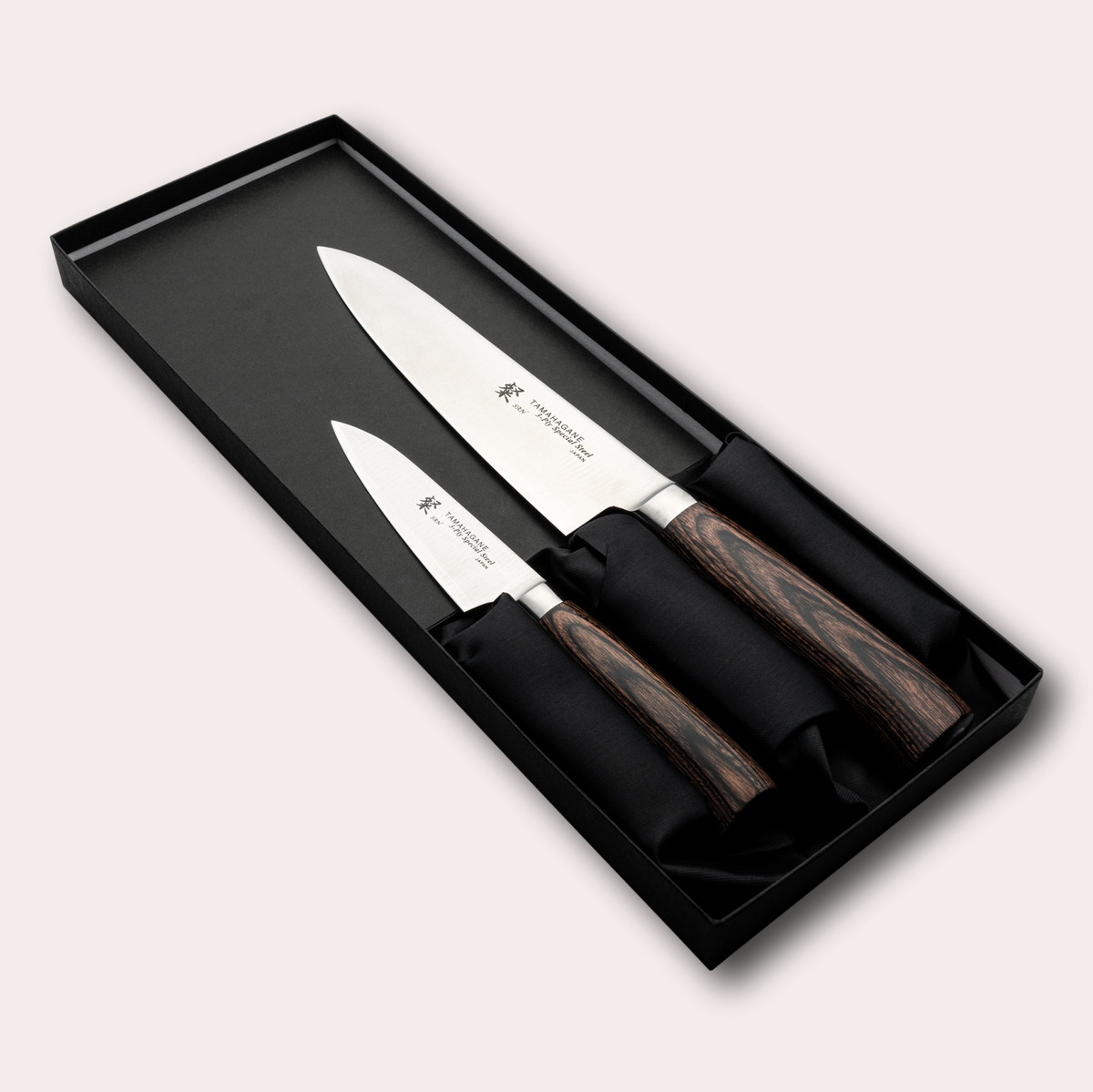 Tamahagane San 2 piece box set, chef and paring knives, with special steel blade, and brown micarta handle. Sold by japanese-knives.co.uk