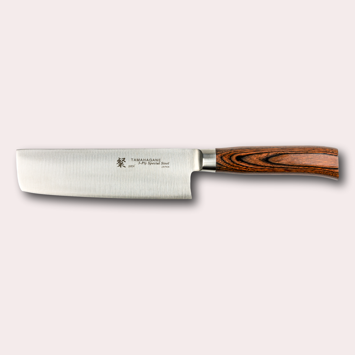 Tamahagane San Nakiri knife, with 3 ply special steel blade, and brown micarta handle. Sold by japanese-knives.co.uk