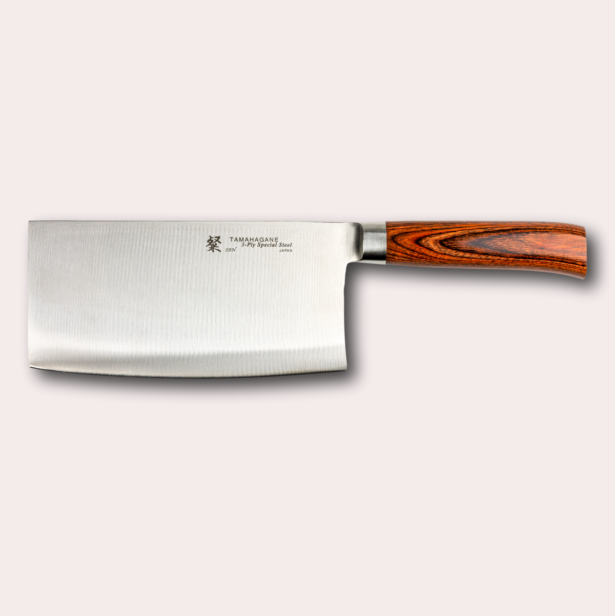Tamahagane San Chinese Chef knife, with 3 ply special steel blade, and brown micarta handle. Sold by japanese-knives.co.uk